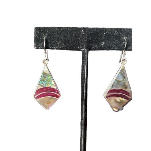 PACA Alpaca Red Jasper Mother Of Pearl and Sterling Silver Vintage Earrings Sign - Picture 2 of 9